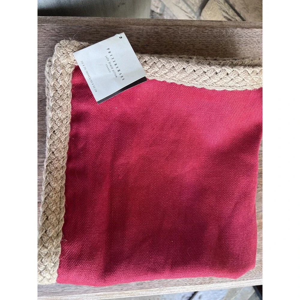 Pottery Barn 20x20 Red Linen Zipper Pillow Cover w Jute Trim
